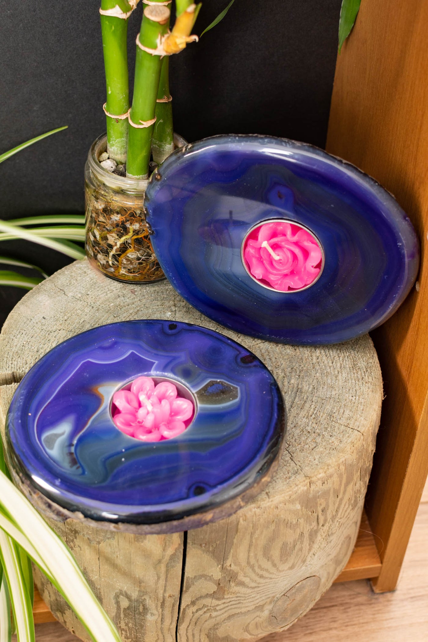Polished agate tea light holders in purple