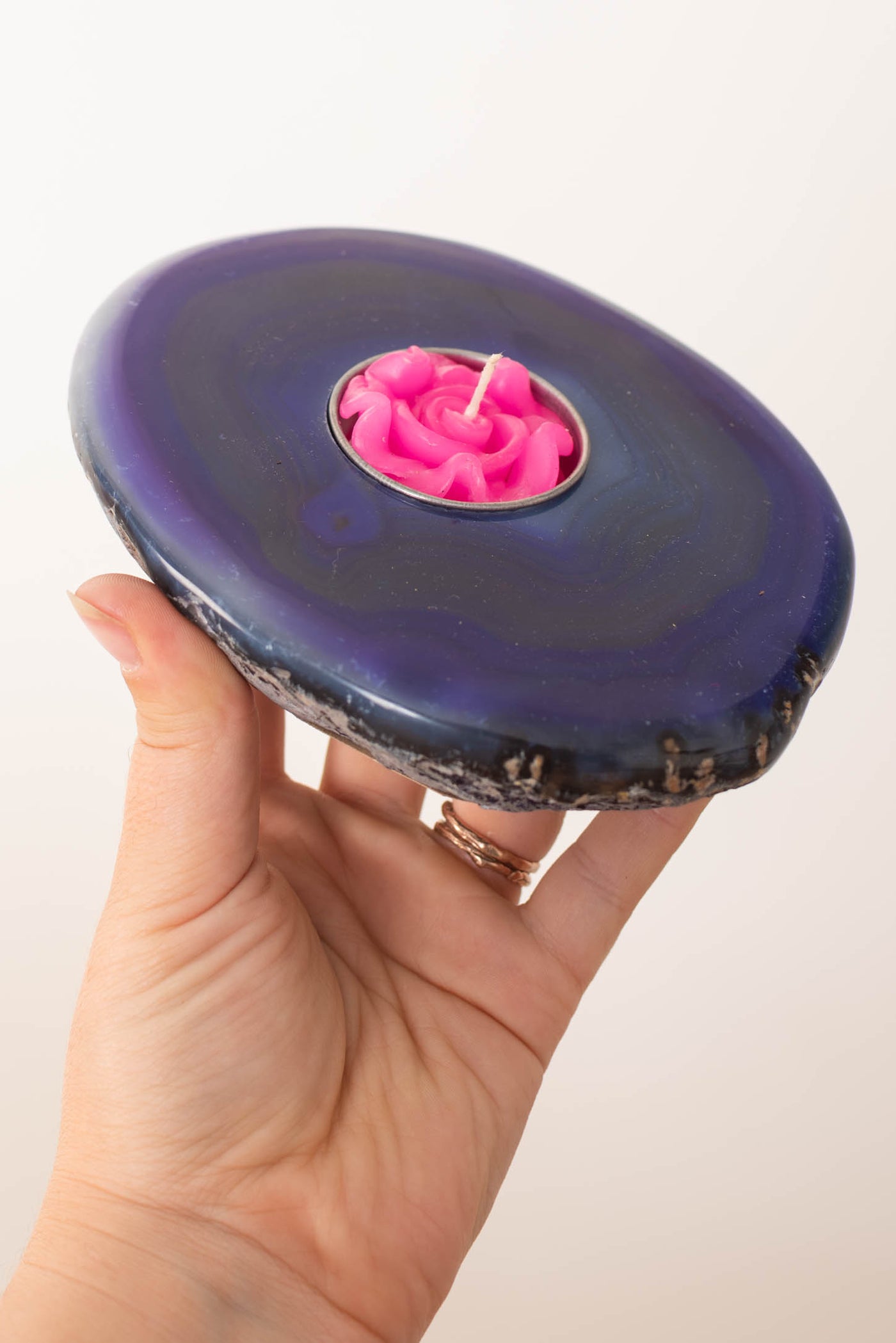Polished agate tea light holders in purple