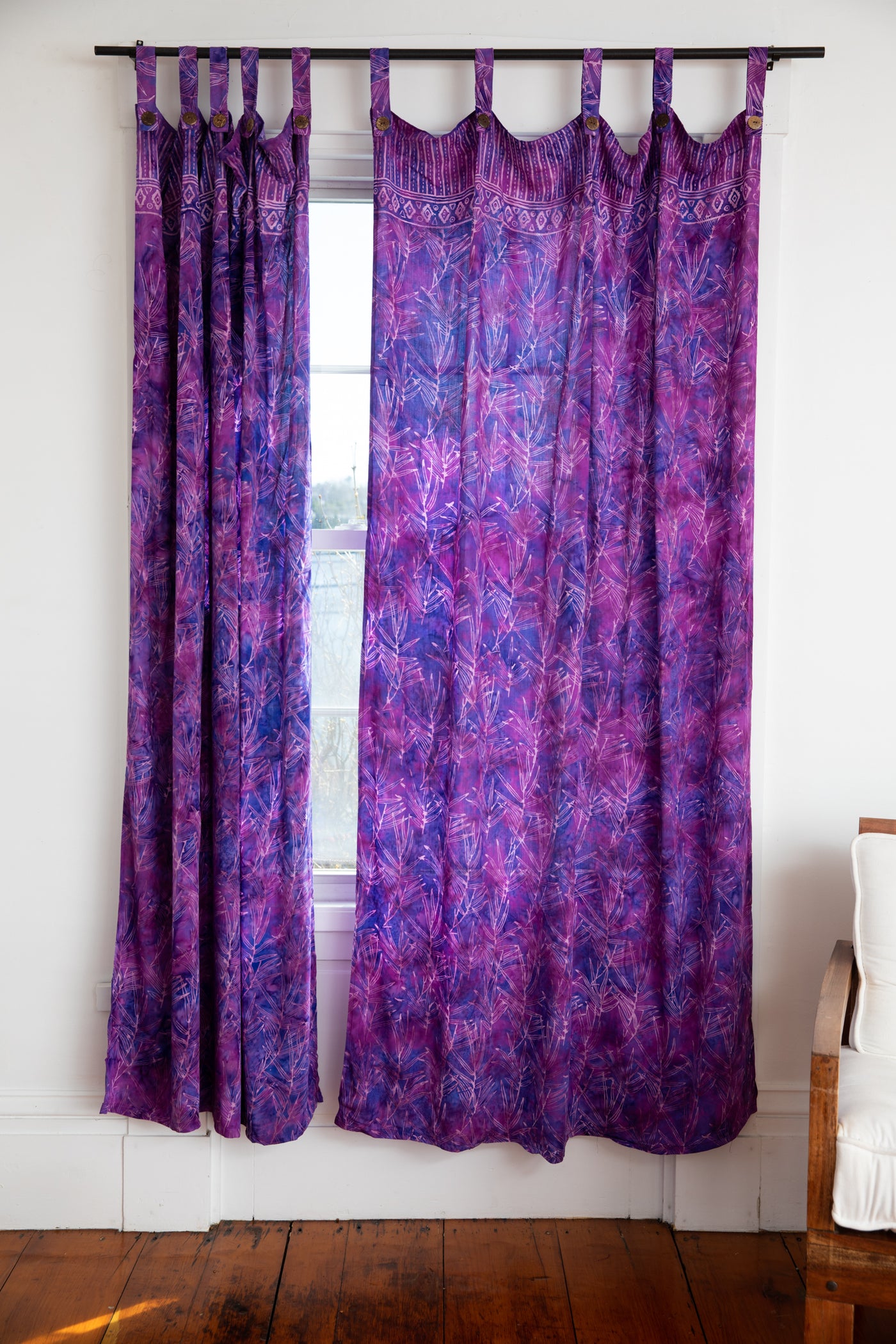 Batik curtains in violet bamboo leaves