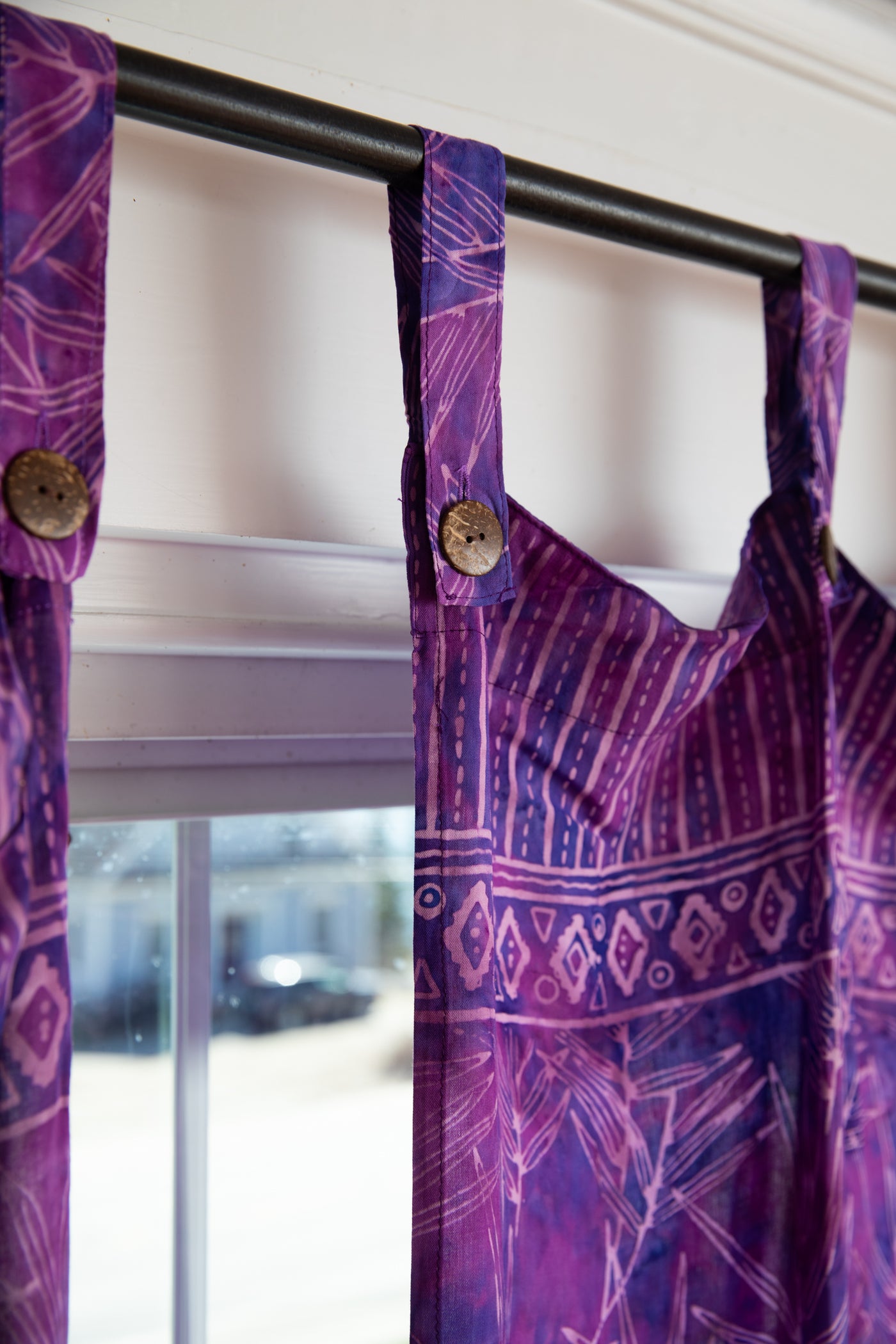 Batik curtains in violet bamboo leaves