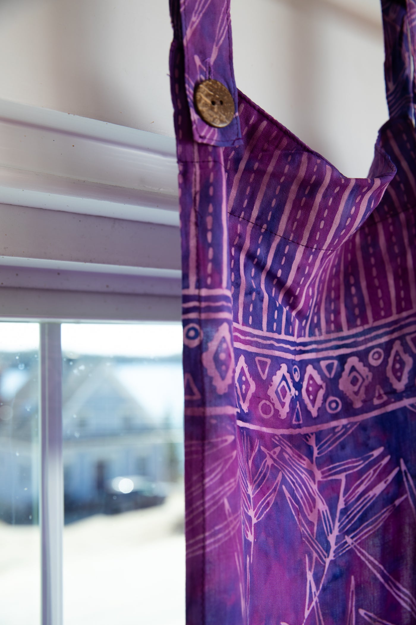 Batik curtain in violet bamboo leaves
