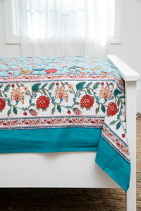 Block print floral tapestry in turquoise