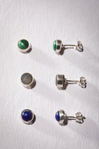 Gemstone earring stud trio in the theme of Transformation. The studs are Lapis, Labradorite, and Malachite