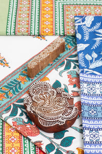 Hand printed India tapestry in teal garden, blue garden, green garden, and teal and white 