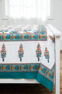 Hand printed India tapestry in teal and white