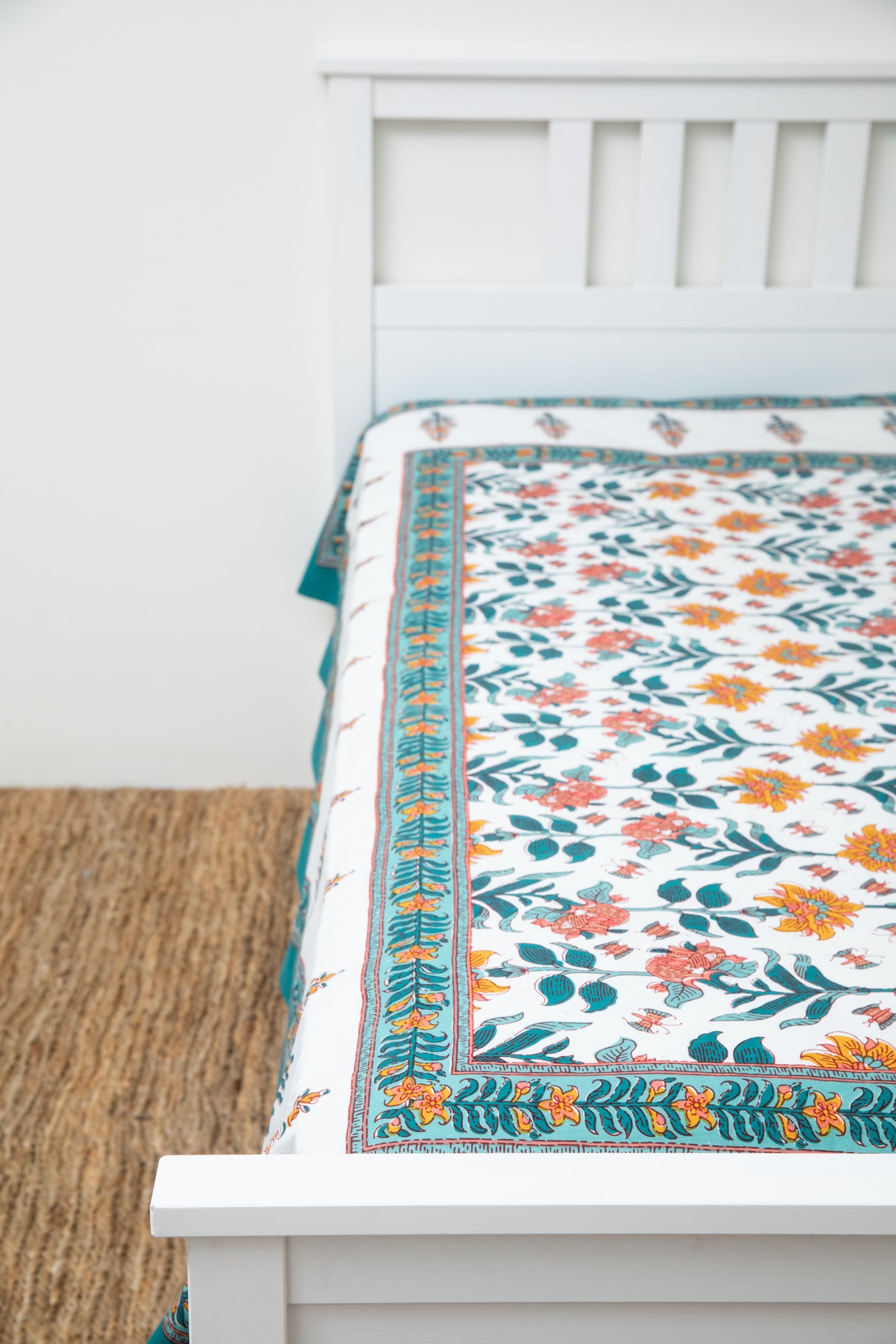 Hand printed India tapestry in teal and white