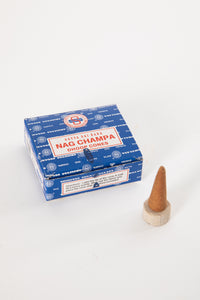 A box of Satya Sai Baba Nag Champa incense with one incense cone placed in front of it on a white background.