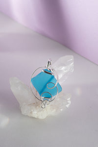 Ornate Wrapped Seaglass Pendant in Sky Blue