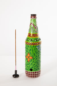 Painted Glass Bottle Incense Burner in Green