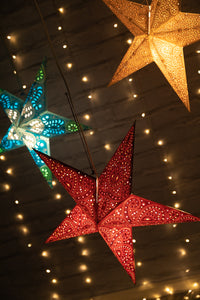 Paper star lanterns in hella - silver copper glitter, maroon, and ganesh - turquoise glitter