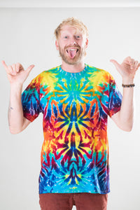 Chauncey is wearing size L rainbow crackle tie dye t shirt