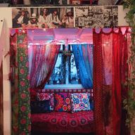 A revolving gif of beautiful boho curtains in a variety of settings with light shining through the recycled silk sari material, silk curtains in bedrooms, silk window coverings, and silk blowing in the wind