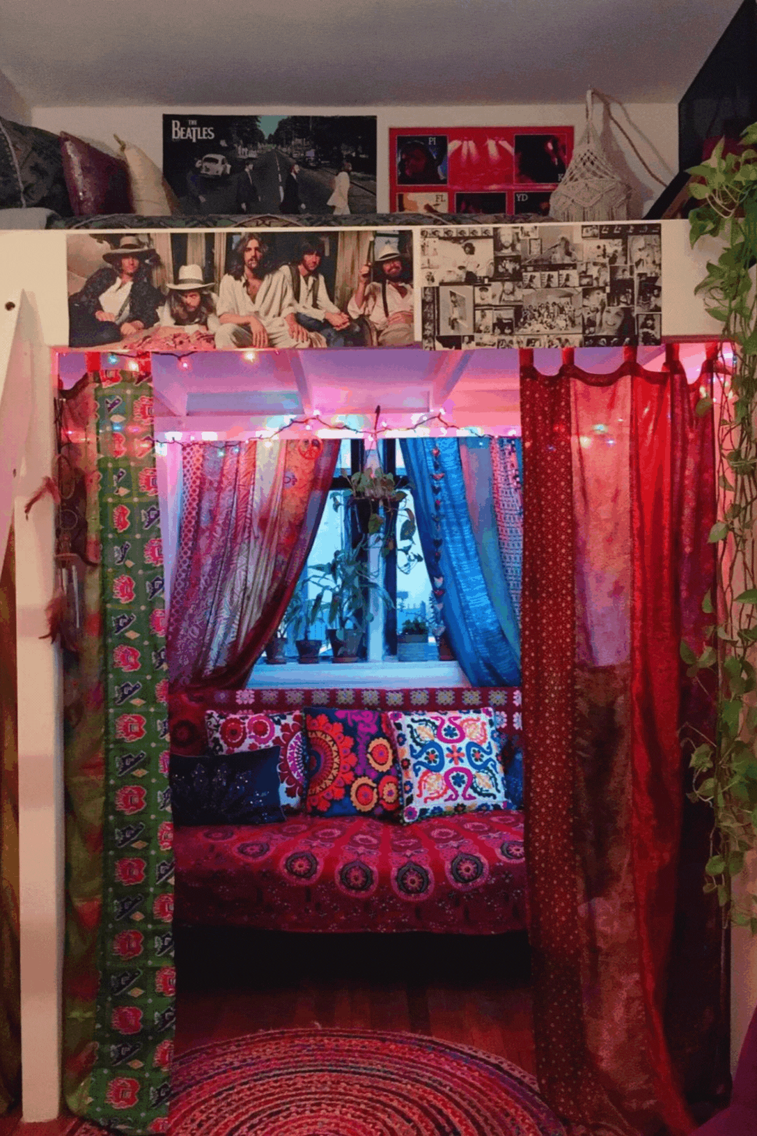 A revolving gif of beautiful boho curtains in a variety of settings with light shining through the recycled silk sari material, silk curtains in bedrooms, silk window coverings, and silk blowing in the wind