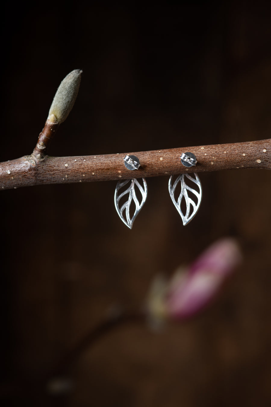 Stencil Leaf Sterling Stud Earrings