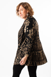 Betty wearing a black and white mudmee tie dye cardigan